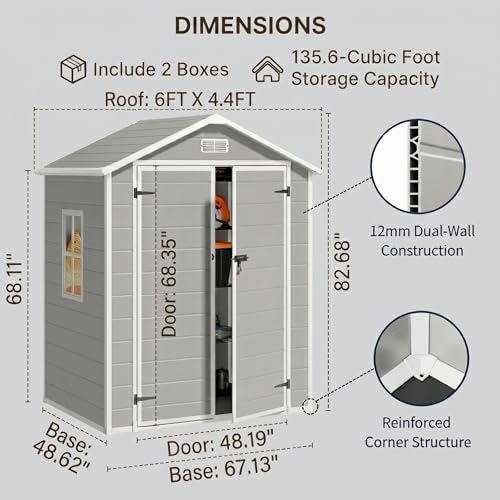 Gizoon 6x4.4 FT Resin Storage Shed with Floor, Outdoor Plastic Shed, Grey - Image 2