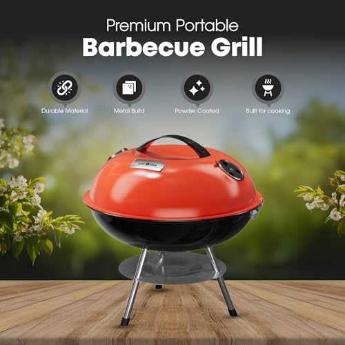 GasOne 14-inch Portable Charcoal Barbecue Grill with Thermometer – Red - Image 2