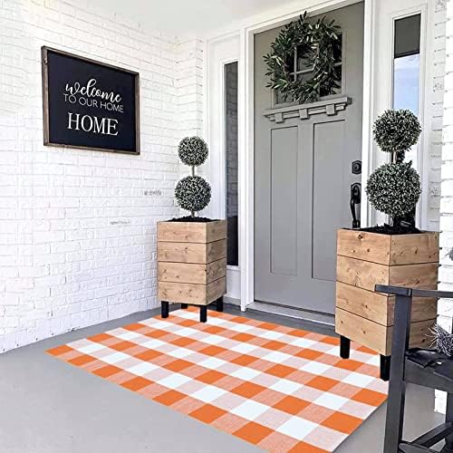 MUBIN Fall Decor Cotton Buffalo Plaid Rug, 3' x 5' Orange White Outdoor Rug Front Door Decorative Mat, Washable Halloween Doormat Foldable Area Rug Layered Door Mats Rug for Front Porch, Entryway - Image 4