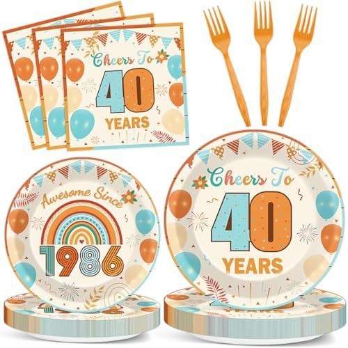 96Pcs Boho 40th Party Paper Plates and Napkins 50th Birthday Party Decorations Blue Back in 1986 Paper Plates Cheers to 40 Years Disposable Tableware for Women Men Birthday Gatherings Decorations by Oitnlaughter