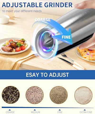 CIRCLE JOY Gravity Electric Salt and Pepper Grinder Set Stainless Steel Automatic Salt and Pepper Grinder Set, Battery Operated, LED Light, Adjustable Coarseness, for Home Kitchen BBQ, Silver - Image 3