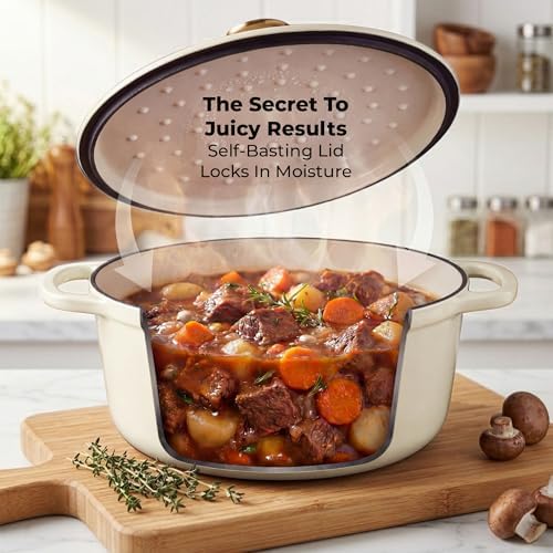 Zulay Kitchen 7.7 Quart Enameled Cast Iron Dutch Oven Pot with Lid – Premium Durability & Oven Safe up to 500°F – Heavy Duty Cookware Perfect for Bread Baking, Stews, Braising & Roasting – Ivory - Image 4