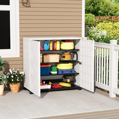 Mrosaa Outdoor/Indoor Storage Box,Resin and Plastic Storage Cabinet Waterproof,Outdoor Cabinet for Patio/Garden/Balcony/Backyard/All Room(with 3 Shelves)-White - Image 2