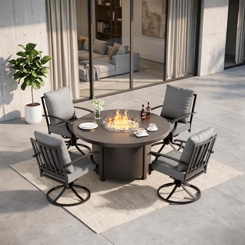 5 Pieces Outdoor Patio Furniture Set with 48" 55000 BTU Round Propane Fire Pit Table,Patio Dining Set Outdoor Conversation Sets 4 Swivel Chairs for Deck,Backyard and Garden,Grey by RTDTD