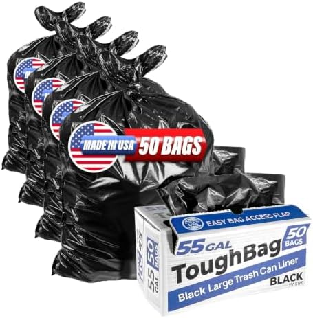 ToughBag 55 Gallon Trash Bags, 55-60 Gallon Trash Bags Heavy Duty (50 COUNT) - Large Black Trash Can Liners, 50-60 Gal for Contractors, Commercial, and Lawn - Made in USA (Pack of 4) by ToughBag
