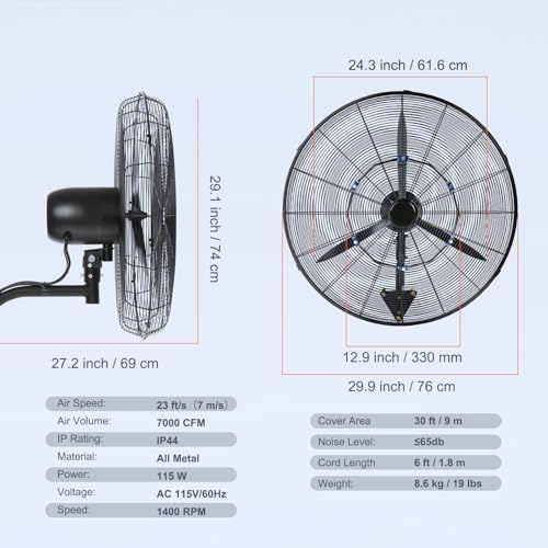 VEVOR 24 Inch 3-Speed 7000 CFM Black Waterproof Wall Mount Oscillating Fan - Image 3