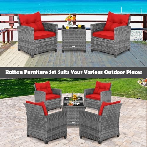 Tangkula 3 Pieces Patio Furniture Set, Outdoor PE Rattan Conversation Chair Set with Tempered Glass Side Table and Removable Cushions, PE Wicker Chairs and Table Set for Porch, Balcony and Garden - Image 5