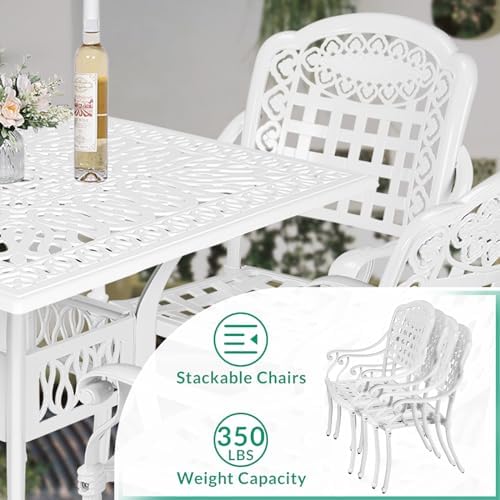 VIVIJASON 5-Piece Outdoor Patio Dining Set, All-Weather Cast Aluminum Conversation Set, Patio Furniture Set, Include 4 Chairs, a 35.4" Square Table w/Umbrella Hole, White - Image 5