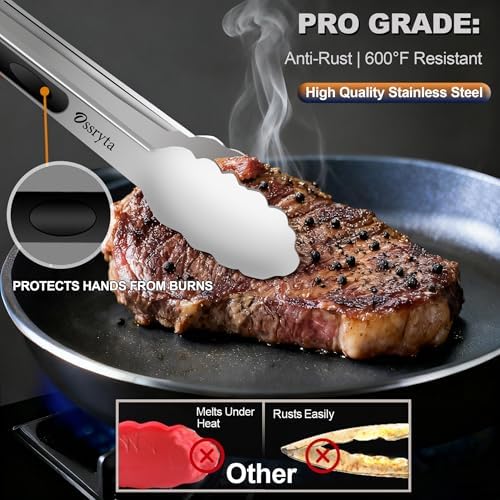 Stainless Steel Cooking Tongs Set of 3 - Heavy Duty 12/9/7 Inch Locking Tongs, Heat Resistant to 600 Degrees, Food Grade Kitchen Metal Tong for Food, Salad, & BBQ - Dishwasher Safe - Image 4