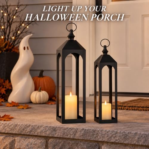 24" & 20" Large Outdoor Floor Lantern, Black Fall Porch Decor - Image 5