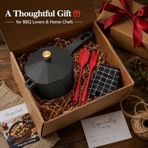 Cast Iron Sauce Pan with Lid, Small Cast Iron Basting Pot with Silicone Basting Brush, Spatula & Heat-Resistant Gloves, Mini Butter Melting Pot for BBQ Sauce, Braising, Stir-Fry & Casserole - Image 6
