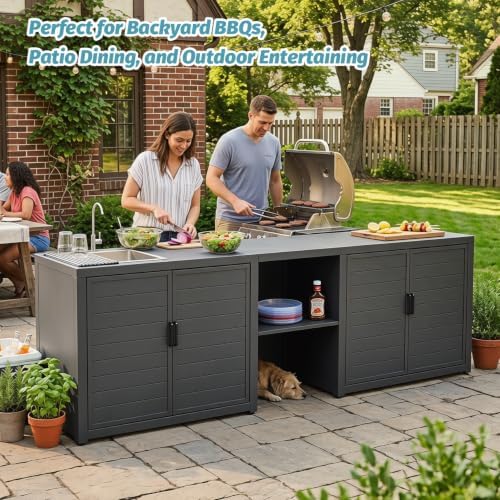 Domi Outdoor Kitchen Island with Sink, Aluminum Outdoor Kitchen Cabinet with Large Storage Space, Powder-Coated Weather Resistant Patio BBQ Prep Station with Drop-in Sink and Wide Countertop - Image 3