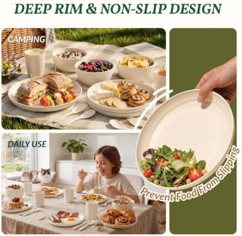Homienly Wheat Straw Dinnerware Sets, 20pcs Lightweight Unbreakable Dinnerware, Microwave Dishwasher Safe Bowls Cups Forks Spoons set,Perfect for Camping Outdoor, Beige - Image 6