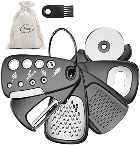 Pisol Kitchen Unique Gadgets Set 6 Pieces, Space Saving, Cheese Grater, Bottle Opener, Fruit Vegetable Peeler, Pizza Cutter, Garlic Ginger Grinder, Herb Stripper Gift Set by Pisol