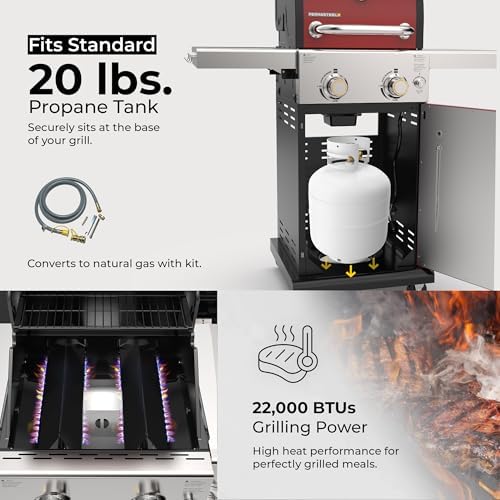 Permasteel 2-Burner Propane Gas Grill, BBQ Grill with Foldable Side Tables & Tool Hooks, Perfect for Outdoor Cooking, Patio & Garden, Red - Image 5