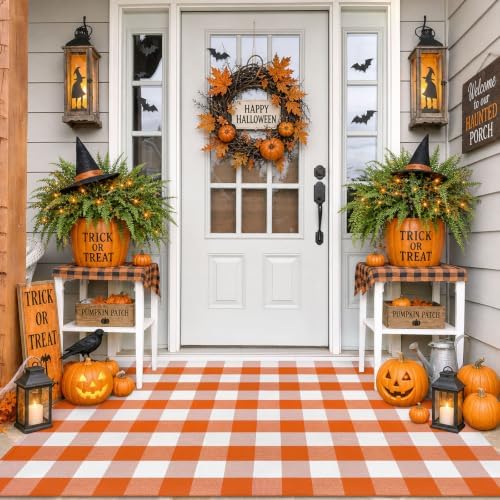 IOHOUZE Fall Buffalo Plaid Outdoor Rug 4x6, Washable, Orange White by iOhouze