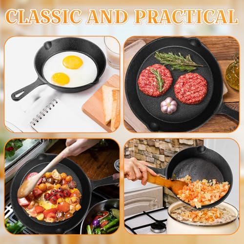 Vesici 4 Pcs Cast Iron Skillet Frying Pans with Drip-spouts Circle Non-stick Frying Skillet Omelette Pan Safe Healthy Cookware for Home Barbecue Kitchen Party Restaurant Catering Service (7.9 Inch) - Image 5