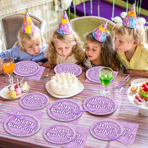 96PCS Purple Glitter Birthday Party Plates and Napkins Purple K-pop Tableware Party Paper Plates Glitter Disposable Dinnerware Parties Set for Girls Women Birthday Sprinkle Anniversary Decorations - Image 5