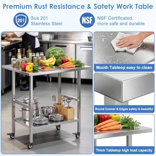 NSF Stainless Steel Prep Table with Wheels, Commercial Worktable with 4 Casters & Brakes & Adjustable Undershelf, Heavy Duty Rolling Kitchen Island Cart for Restaurant, Home, Outdoor BBQ & Pizza Oven - Image 3