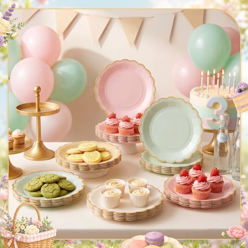 96 Pcs Sage Green and Pink Paper Plates 9 Inch Scalloped - Image 2