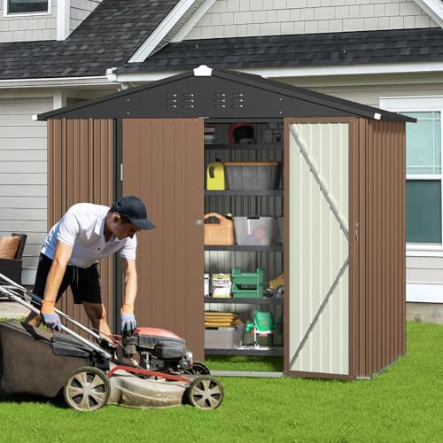 Gizoon 8 x 6 FT Outdoor Storage Shed, Galvanized Metal Garden Shed, Brown - Image 2