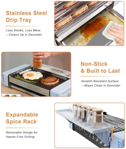 3-in-1 Electric Grill with Hot Dog Roller, Portable Indoor Outdoor BBQ Grill, Griddle and Sausage Roller Machine with Removable Non-Stick Plate & Drip Tray, for Tailgate, Camping, RV, Home Kitchen - Image 4