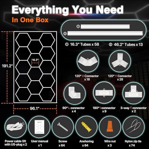 Hexagon Garage Lights, 14 Grids Hexagon LED Lights with Rectangle Frame, 603W 6500K Super Bright Honeycomb Light for Warehouse, Car Detailing Shop, Exhibition Hall, Gym(Red) - Image 4