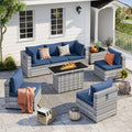 UDPATIO Patio Furniture Set with Fire Pit Table, 8 Pcs Outdoor Sectional Sofa, PE Wicker Patio Conversation Set for Garden, Backyard (Blue Cushions with Grey Rattan) by UDPATIO