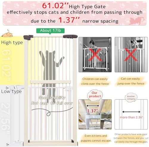 Lumizone 61.02" Extra Tall Pet Gate for Cat Dog 30.12"-59.24" Wide Cream - Image 4