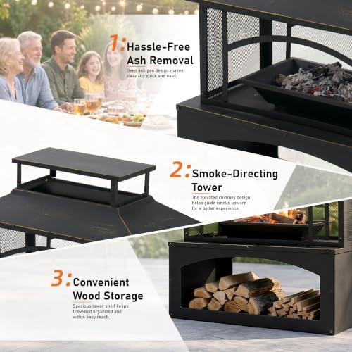 Aoxun 36" Outdoor Fire Pit with Wood Storage, Steel Wood Burning Fireplace with Mesh Spark Screen & Poker, Patio Heater with Removable Ash Pan for Backyard, Garden, Deck - Image 3