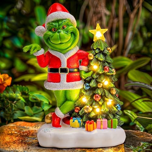 YDKOJGW Green Monster Solar Garden Statue with Christmas Tree and 6 LED Lights - Outdoor Figurine - Glossy Resin - Waterproof - Spot Clean - Christmas Decor by YDKOJGW