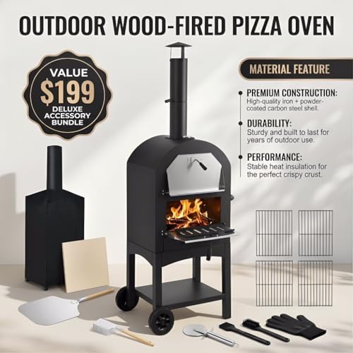 Outdoor Pizza Oven, Wood Fired Portable 550°F Pizza Maker with Stone, Peel, Grill Rack for Patio Backyard Camping,Black - Image 3
