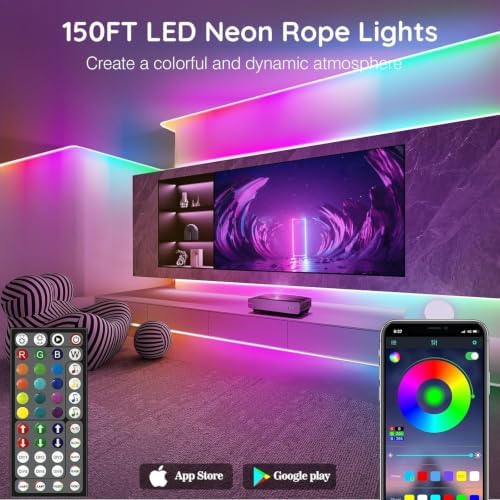 SINLEY Led Neon Rope Light 150FT,Control with App/Remote,Flexible Led Rope Lights,Multiple Modes,IP68 Outdoor RGB Neon Lights Waterproof,Music Sync Gaming Led Strip Lights for Bedroom Indoor - Image 2