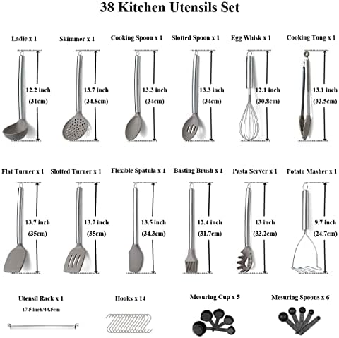 38 Piece Silicone kitchen Cooking Utensils Set with Utensil Rack, Silicone Head and Stainless Steel Handle Cookware, Kitchen Tools for Utensil Sets, Non-Stick kitchen Gadgets, Dishwasher Safe(Silver) - Image 2
