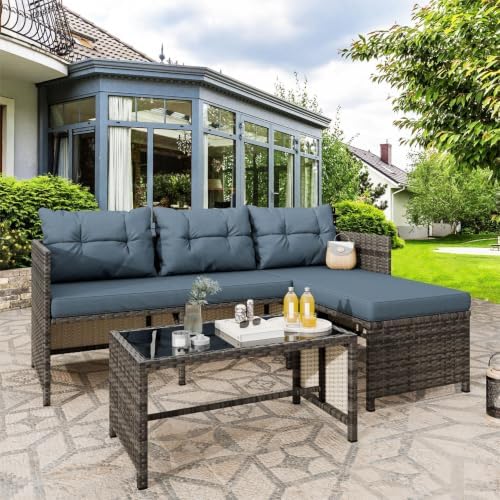 Vongrasig 3 Pieces Patio Furniture Sets, All-Weather Wicker Outdoor Sofa Couch Sectional Set, Small Conversation Set for Patio, Garden w/Cushion, Glass Table, Blue by Vongrasig