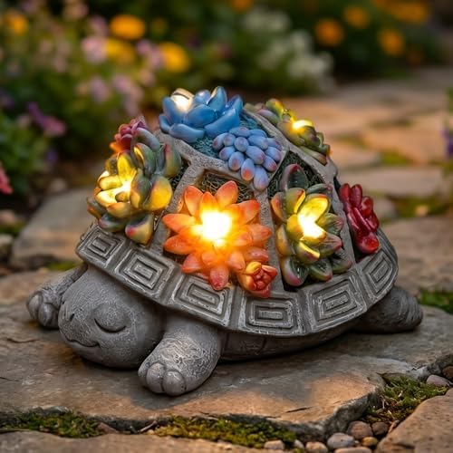 Solar Turtle Garden Decor Outdoor Statue, 7 Succulent LED Lights by Snclriao