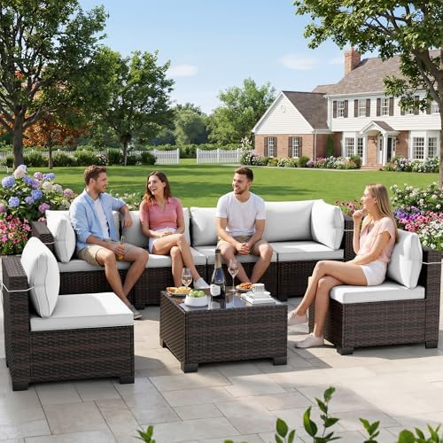 LEVELEVE 7-Piece Outdoor Patio Furniture Sets, Manual Weaving Rattan Conversation Sectional Sofa with Tempered Glass Coffee Table, All-Weather PE Wicker & Thick Cushions for Garden, Backyard, Porch by Enjoyyourlife