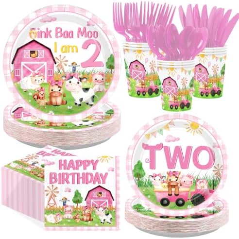 168Pcs Farm 2nd Birthday Party Supplies for Girls Serves 24 by Greencian