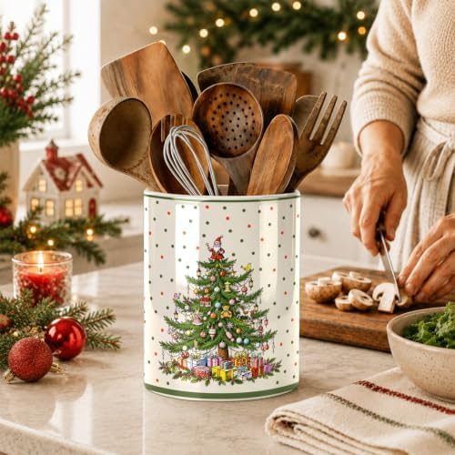 Christmas Tree Green Kitchen Utensil Holder, Xmas Winter Large Ceramic Utensil Holder For Countertop Organizer, 6.3'' Cooking Utensil Crocks Festivel Decor Utensil Storage Cup for Kitchen - Image 4
