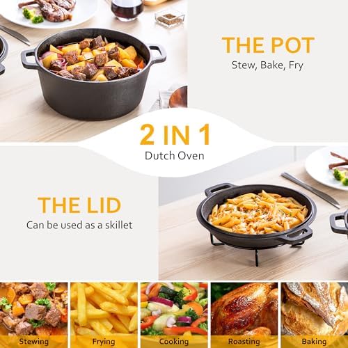 Velaze Cast Iron Dutch Oven with Skillet Lid, 2-in-1 Pre-Seasoned, 5QT - Image 3