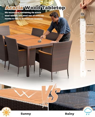 Flamaker Patio Dining Set for 6 Outdoor Acacia Wood Table and Chairs, Brown - Image 6