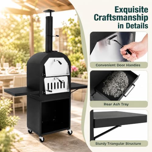 HAPPYGRILL Outdoor Wood Fired Pizza Oven w/Firewood Storage & Side Shelves - Image 3