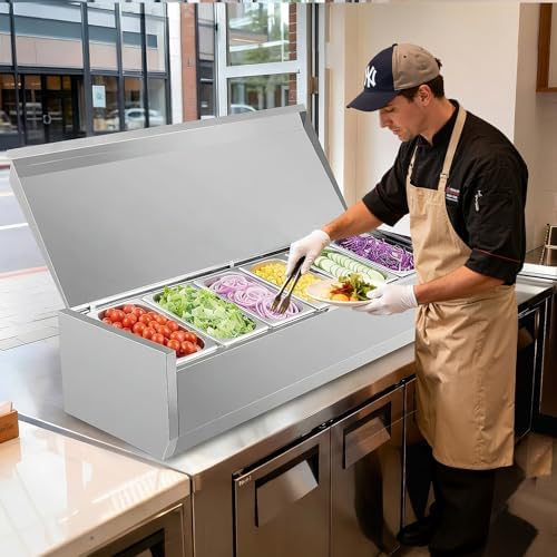 ROVSUN Refrigerated Condiment Prep Station, 59" Sandwich Prep Table ETL NSF, 34.2QT Salad Bar Prep Rail w/Auto Defrost, Temp Control, Stainless Steel Cover & 6 * 1/3 Pan for Restaurant Food Truck - Image 7