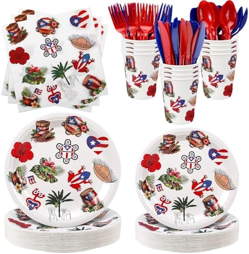 FoldTier 350 Pcs Puerto Rico Party Supplies Disposable Paper Plates Napkins Cups Puerto Rico Theme Birthday Party Decorations Tableware Flag Frog for Holiday Festival Family Friends Serve 50 Guests by FoldTier