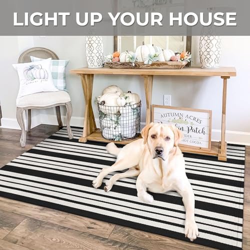 IOHOUZE 3x5 Striped Outdoor Rug, Washable Front Porch, Black White - Image 4