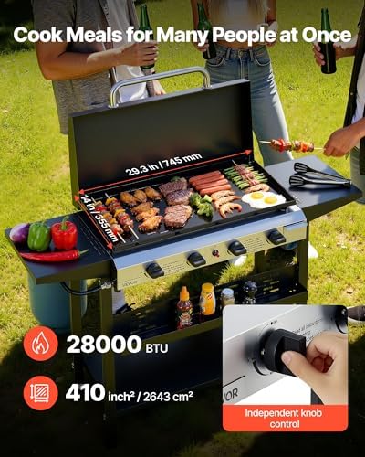 VEVOR Gas Griddle, 4-Burner Flat Top Grill, 29 inch Grill Plate Propane Griddle with Wheels, Lid, 28000 BTU Outdoor Flat Top Grills for Pan-Frying, Grilling, Stir-Frying, & BBQ, Pulse Ignition - Image 3