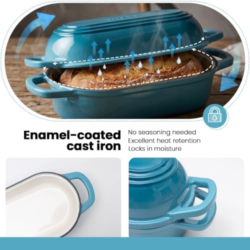 Oval Dutch Oven for Bread Baking,11.3x5.3 Enameled Cast Iron Bread Pan,Blue - Image 4
