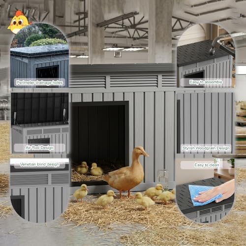Large Chicken Coop with Hydraulic Air Rod, Resin Duck Coop with Elevated Floor and Air Vents, Backyard Poultry Pet Shelter with Weatherproof Openable Roof, for Chicken, Ducks, Rabbits, Grey - Image 5