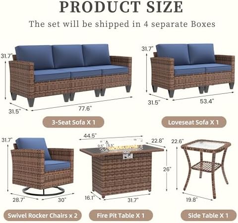 UDPATIO Patio Furniture Set with Fire Pit Table and Swivel Rocking Chairs, 6 Pieces Outdoor Wicker Furniture Set with Waterproof Cover, 4'' Thickened Cushion, Navy - Image 3