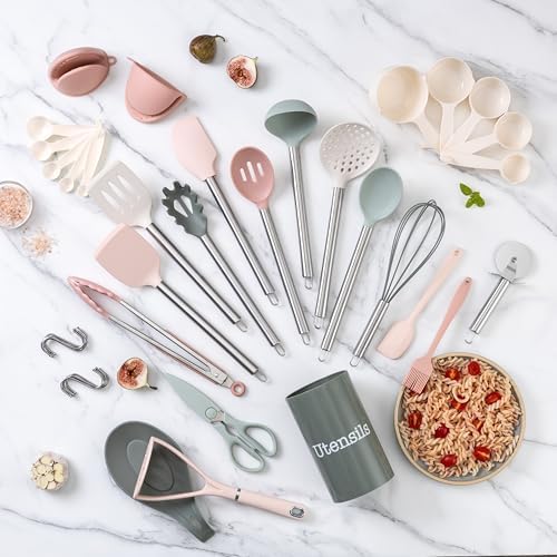 COOK WITH COLOR Silicone Cooking Utensils, Kitchen Utensil Set, Easy to Clean Silicone Kitchen Utensils, Cooking Utensils for Nonstick Cookware, Kitchen Gadgets Set, 38 Piece, Mint - Image 6